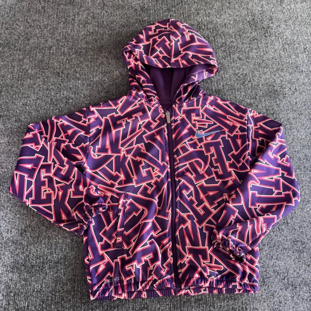 Nike Kids Dri-FIT Full Zip Hoodie Purple Pink Geometric Print Size 6X 6-7 Yrs
